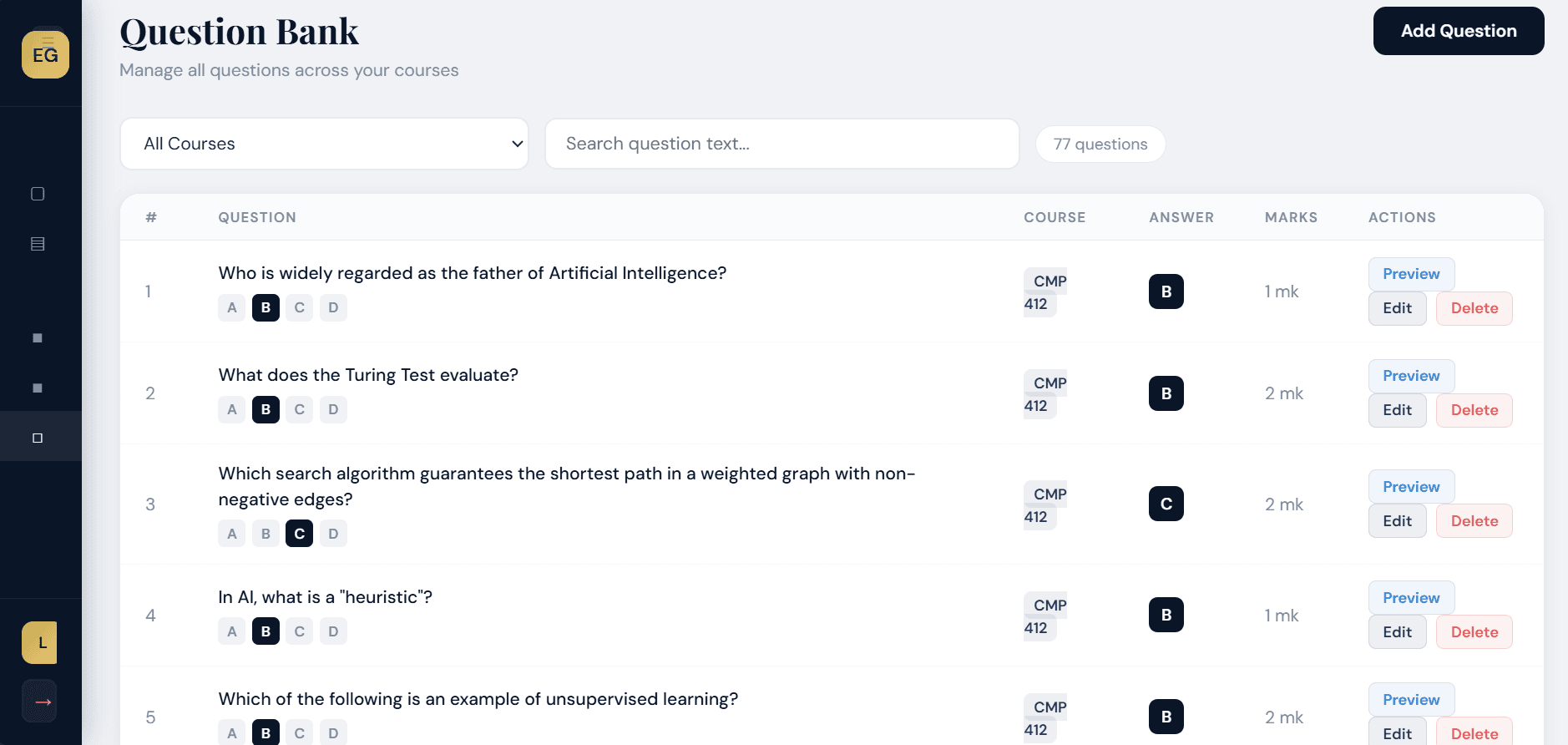 ExamGuard AI question bank showing a lecturer's exam questions with course tags, correct answers, and marks