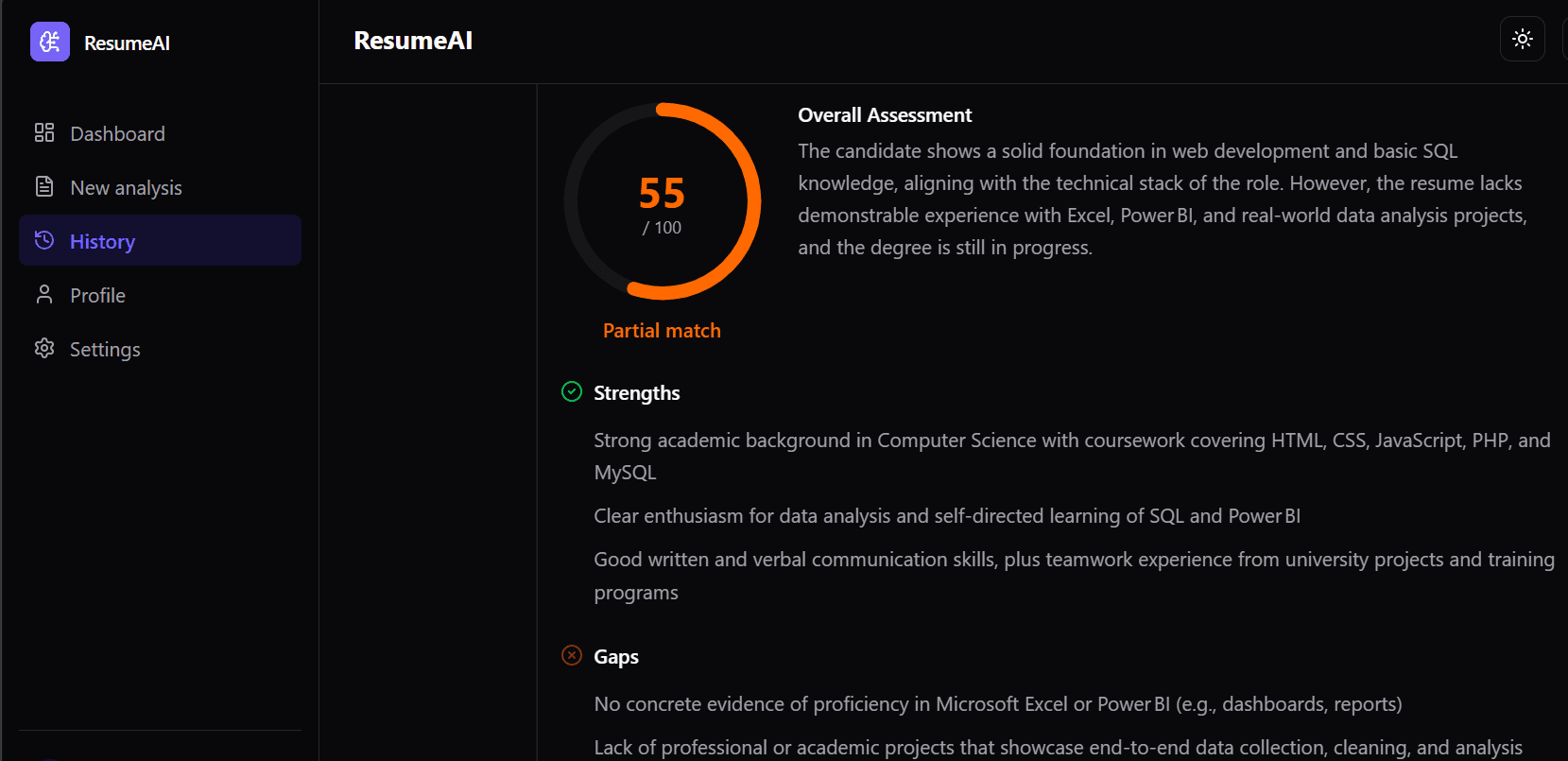 ResumeAI analysis results screen showing an overall match score, strengths, and gaps for a candidate's resume